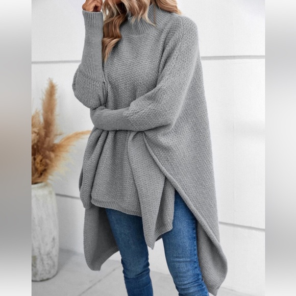 Cozy Mock Neck Dolman Sleeve High Low Hem knit Sweater Cape - Picture 3 of 16